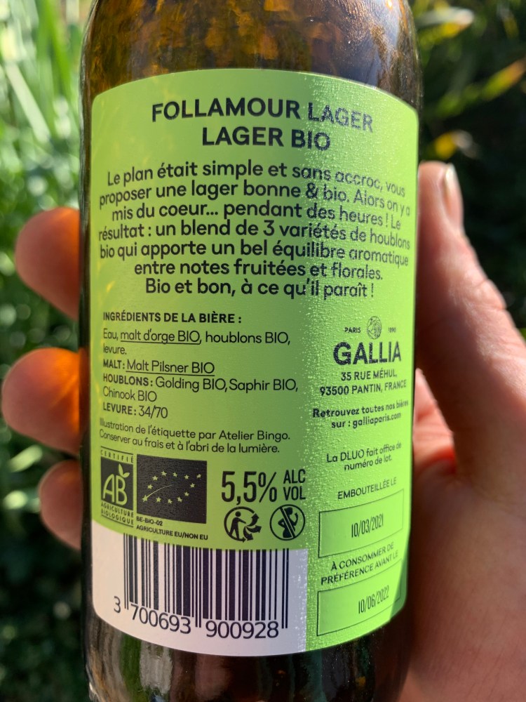 Contre-étiquette de Gallia Follamour avec une promesse et la description détaillée des ingrédients